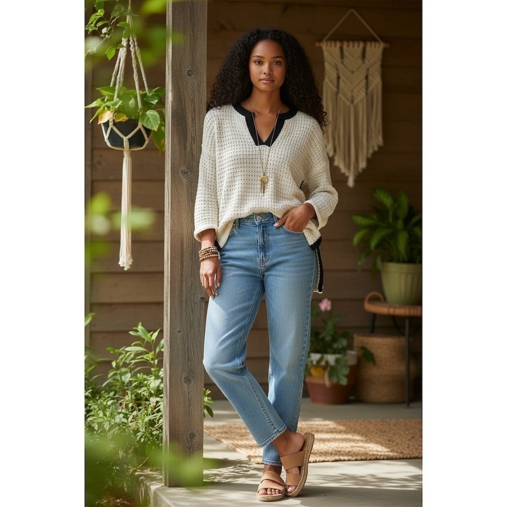 C&C California Sweater Womens XS Ivory Open-Knit V-Neck Contrast Trim boho beach